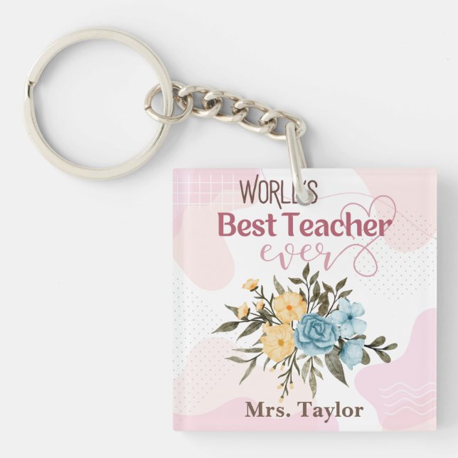 World's Best Teacher Ever Floral Personalised Key Ring (Front)