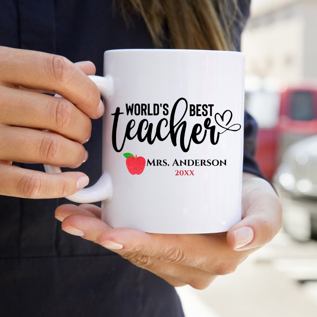 Worlds Best Teacher Glitter Red Apple Personalised Coffee Mug (Creator Uploaded)