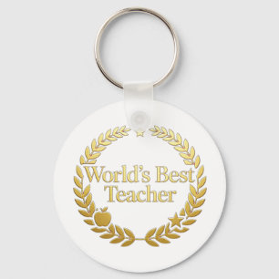 World's Best Teacher Gold Laurel Wreath Wall Clock Key Ring