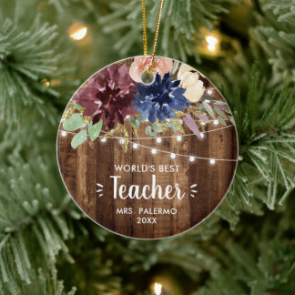 Worlds Best Teacher Personalised Barn Fairy Lights Ceramic Ornament