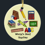 World's Best Teacher School Education Classroom Ceramic Tree Decoration<br><div class="desc">Ceramic ornament features an assortment of education-themed illustrations, including pencil, chalkboard, library books, crayons, alphabet letters, wooden ruler, lunch bag, and calculator, with WORLD'S BEST TEACHER written below, and 2014 on the back. A perfect gift for teacher appreciation day, Christmas, or first/last day of school for your favourite teacher or...</div>
