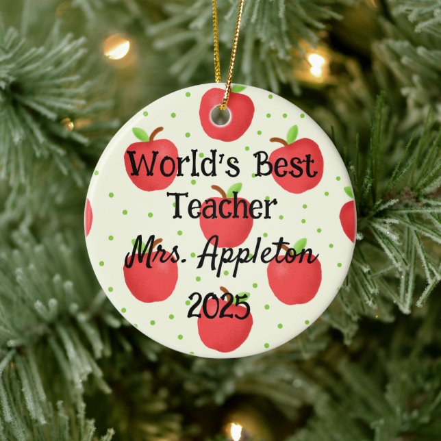 World's Best Teacher With Apple Accents custom Ceramic Ornament (Tree)