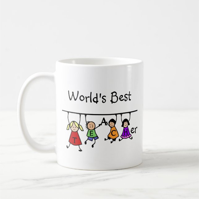 World's Best Teacher with  Kids Cartoon Coffee Mug (Left)