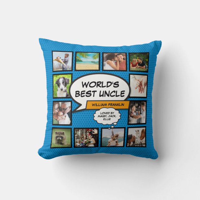 World's Best Uncle Fun Cool Blue Photo Collage Cushion (Front)