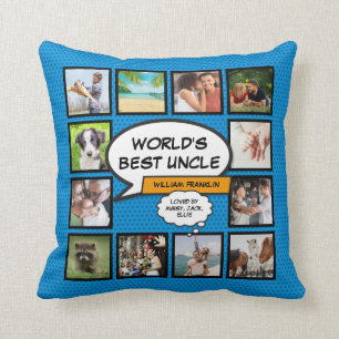 World's Best Uncle Fun Cool Blue Photo Collage Cushion