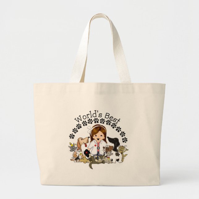World's Best Veterinarian -Female Brown Hair Large Tote Bag (Front)