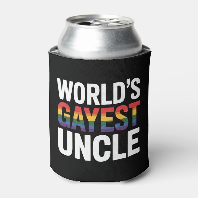 World's Gayest Uncle LGBTQ Gay Pride Ally Rainbow Can Cooler (Can Front)