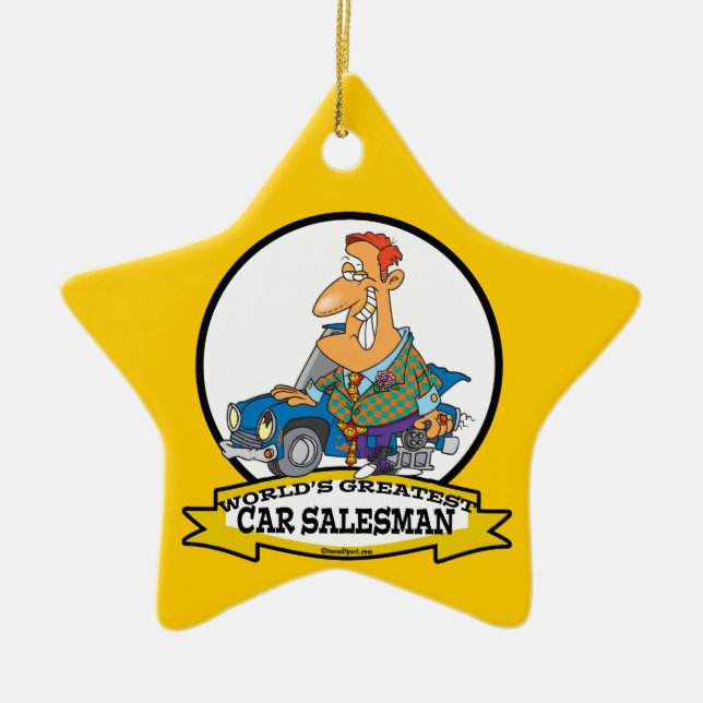 WORLDS GREATEST CAR SALESMAN II CARTOON CERAMIC TREE DECORATION (Front)