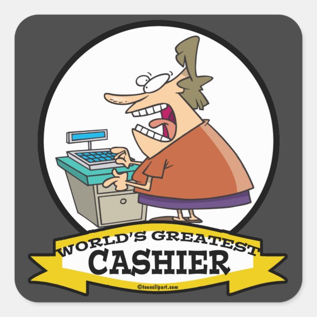WORLDS GREATEST CASHIER WOMEN CARTOON SQUARE STICKER (Front)