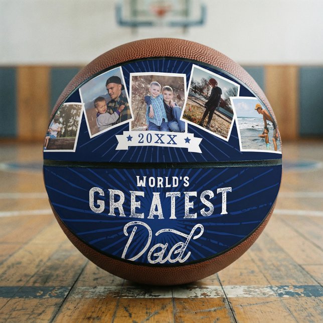 World's Greatest Dad Five Photo Collage Navy Basketball (World's Greatest Dad Photo Collage Keepsake Basketball)