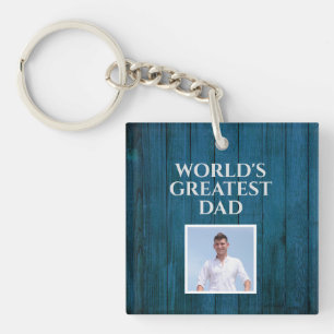 World's Greatest Dad - Photo On Rustic Blue Wood Key Ring