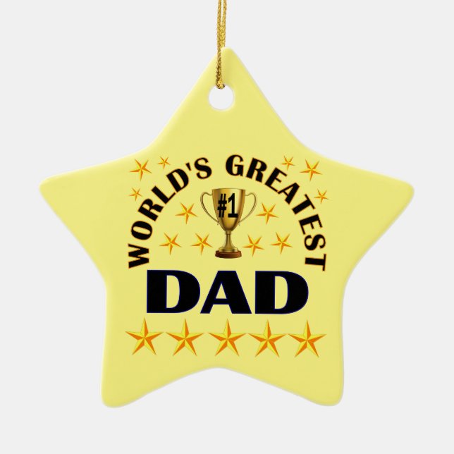 World's Greatest Dad Trophy Stars Cute Christmas Ceramic Ornament (Front)