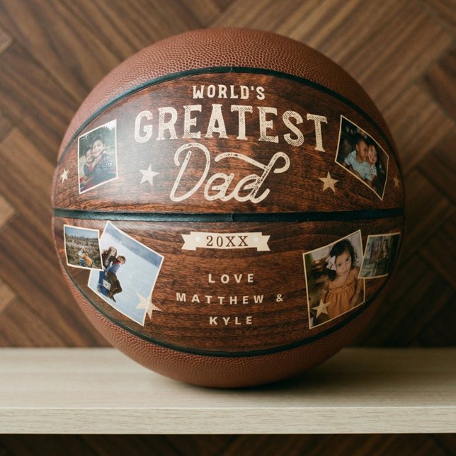 World's Greatest Dad Woodgrain Eight Photo Collage Basketball (World's Greatest Dad Woodgrain Photo Collage Sport Basketball)