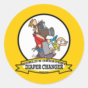 WORLDS GREATEST DIAPER CHANGER DAD CARTOON CLASSIC ROUND STICKER