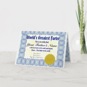 World's Greatest Farter Certificate Father Prank Card