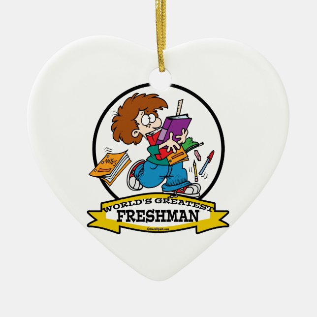 WORLDS GREATEST FRESHMAN BOY CARTOON CERAMIC ORNAMENT (Front)