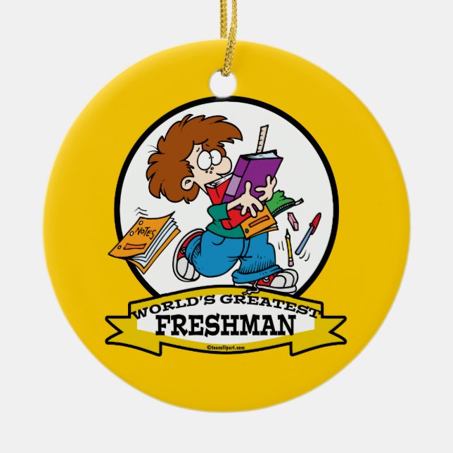 WORLDS GREATEST FRESHMAN BOY CARTOON CERAMIC TREE DECORATION (Front)
