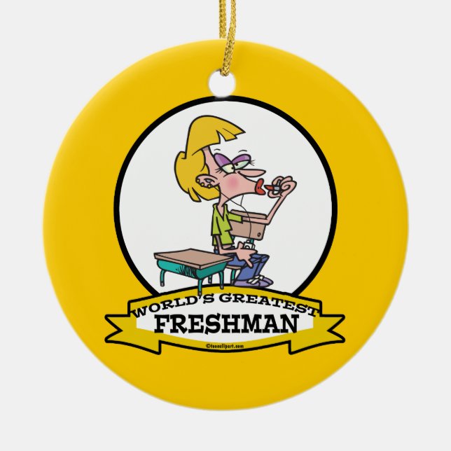 WORLDS GREATEST FRESHMAN GIRL CARTOON CERAMIC TREE DECORATION (Front)