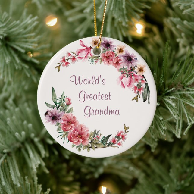 World's Greatest Grandma Floral Holiday Ceramic Ornament (Tree)