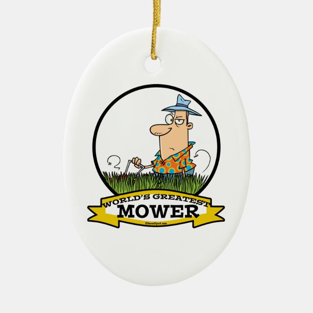 WORLDS GREATEST LAWN MOWER MEN CARTOON CERAMIC ORNAMENT (Front)