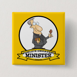 WORLDS GREATEST MINISTER CARTOON 15 CM SQUARE BADGE