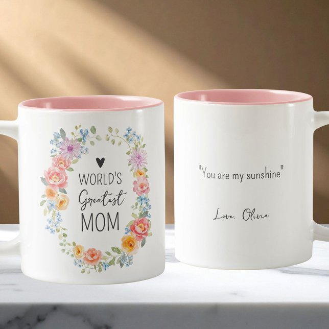 World's Greatest Mom Personalized Quote Floral Two-Tone Coffee Mug (Creator Uploaded)
