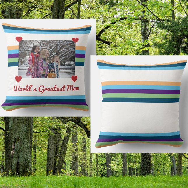 World's Greatest Mum Love Photo Colour Bands Make Cushion (World's Greatest Mom! Personalized pillow for Mother's Day w/ a photo help up by red hearts. Elegant)