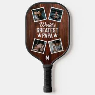 World's Greatest Papa Photo Collage Monogram Wood Pickleball Paddle