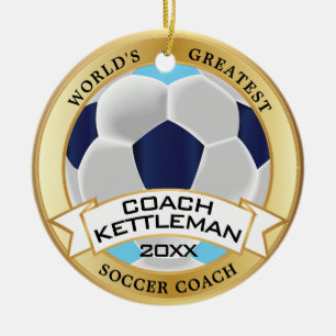 World's Greatest Soccer Coach Blue, Navy, White Ceramic Ornament