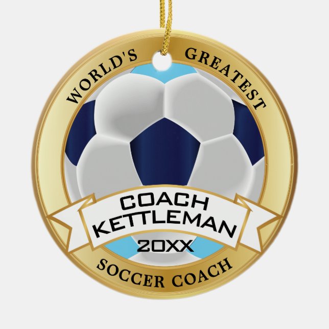 World's Greatest Soccer Coach Blue, Navy, White Ceramic Ornament (Front)