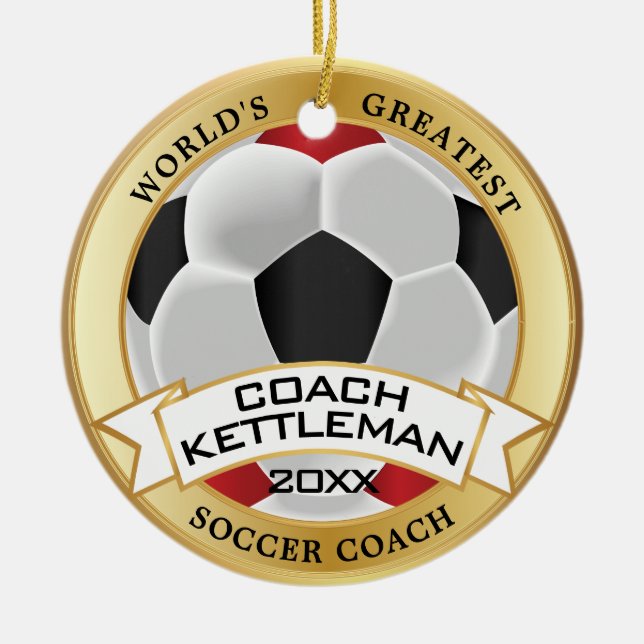 World's Greatest Soccer Coach Red , Black, White Ceramic Ornament (Front)