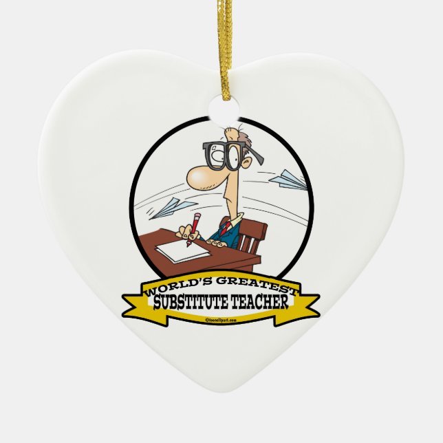 WORLDS GREATEST SUBSTITUTE TEACHER MEN CARTOON CERAMIC ORNAMENT (Front)