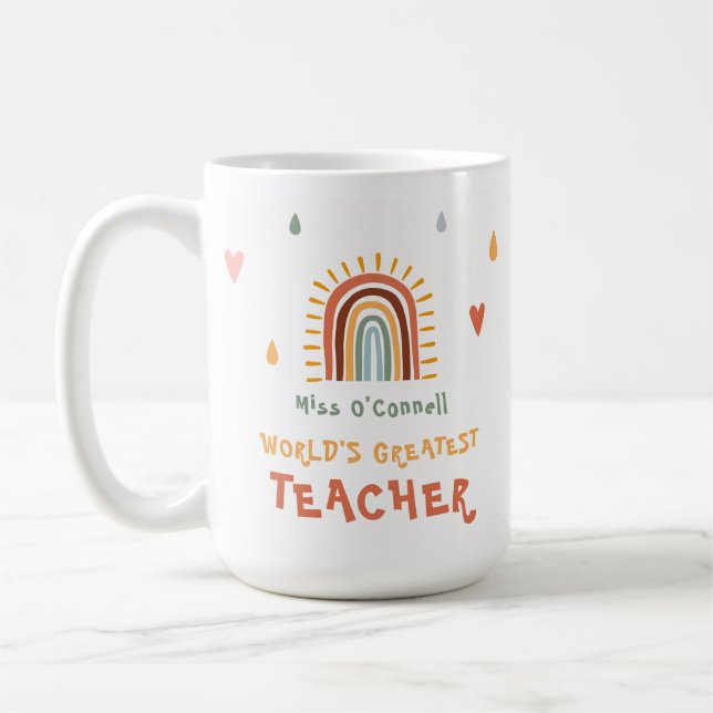 World's Greatest Teacher Gift Boho Rainbow Coffee Mug (Left)