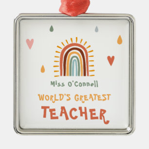 World's Greatest Teacher Gift Boho Rainbow Metal Ornament