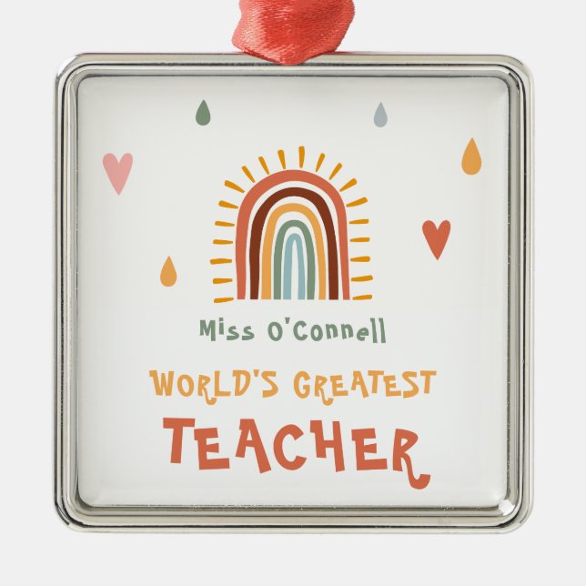 World's Greatest Teacher Gift Boho Rainbow Metal Ornament (Front)