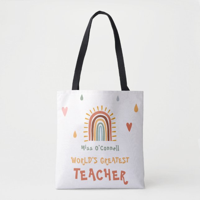 World's Greatest Teacher Gift Boho Rainbow Tote Bag (Front)