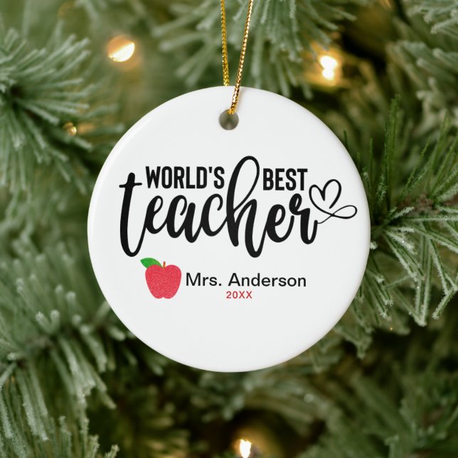 Worlds Greatest Teacher Glitter Apple Personalised Ceramic Ornament (Tree)