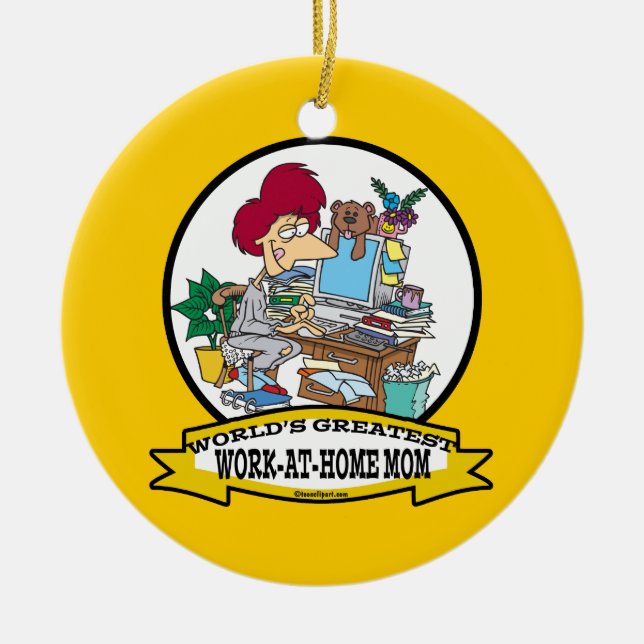 WORLDS GREATEST WORK AT HOME MOM WOMEN CARTOON CERAMIC ORNAMENT (Front)
