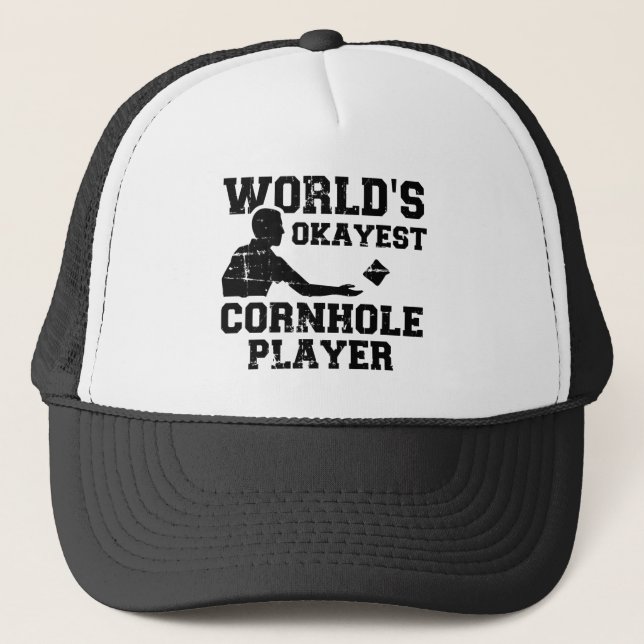 World's okayest cornhole player trucker hat (Front)