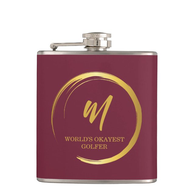 Worlds Okayest Golfer Gold Monogram Hip Flask (Front)