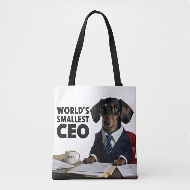 World's smallest CEO, cute funny dachshund in suit Tote Bag (Front)