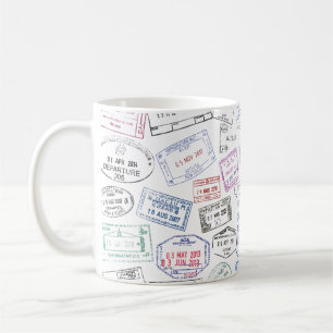 Worldwide passport stamps on a mug