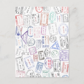 Worldwide passport stamps on a postcard