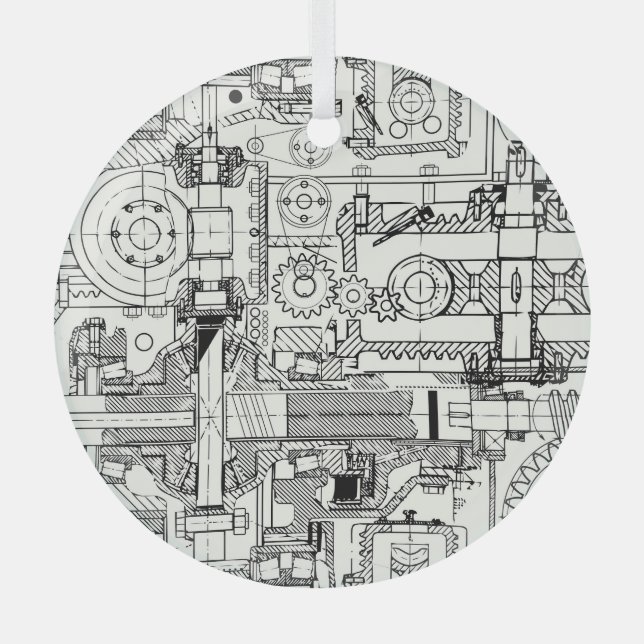 Worm Gears: Seamless Technical Machinery. Glass Tree Decoration (Front)
