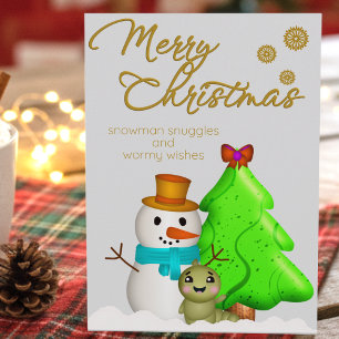 Worm Snowman And Christmas Tree Holiday Card