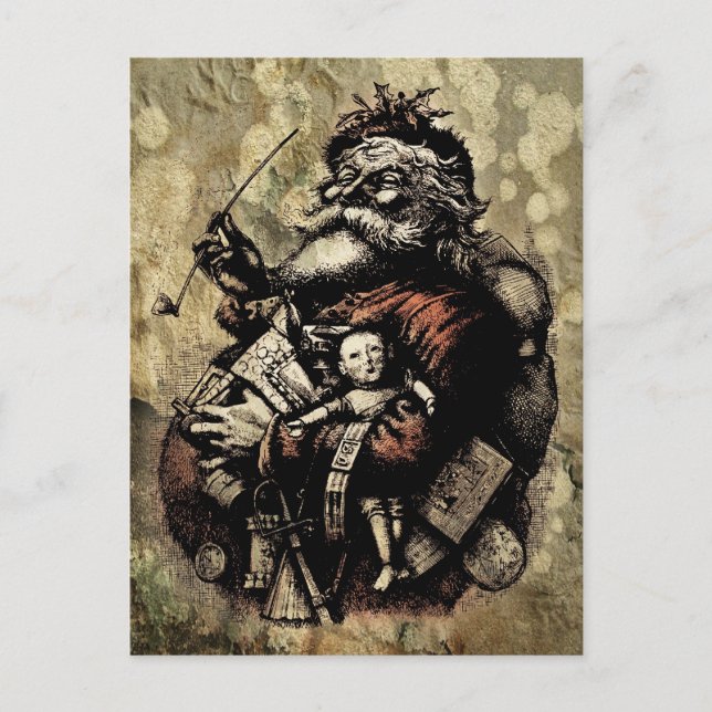 Worn and Spattered Santa Illustration Holiday Postcard (Front)