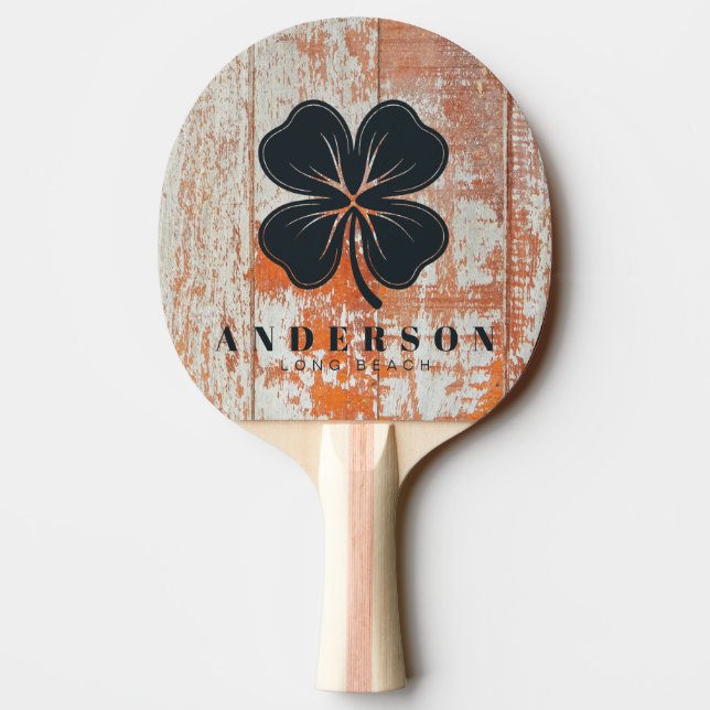 Worn Barn Wood Four Leaf Clover with Name Ping Pong Paddle (Back)