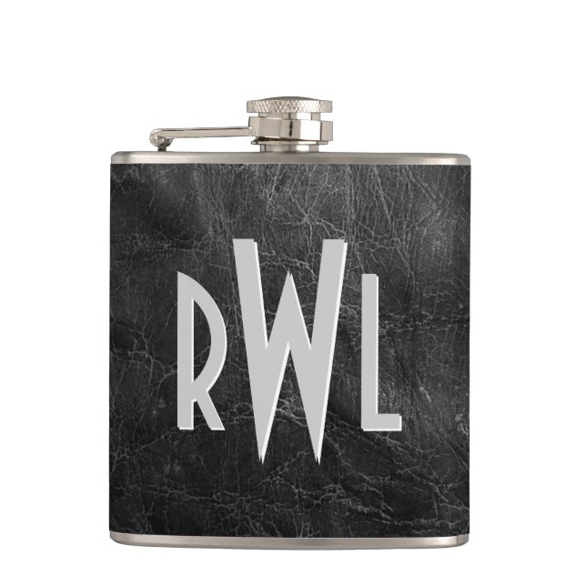 Worn Black Leather Hip Flask (Front)