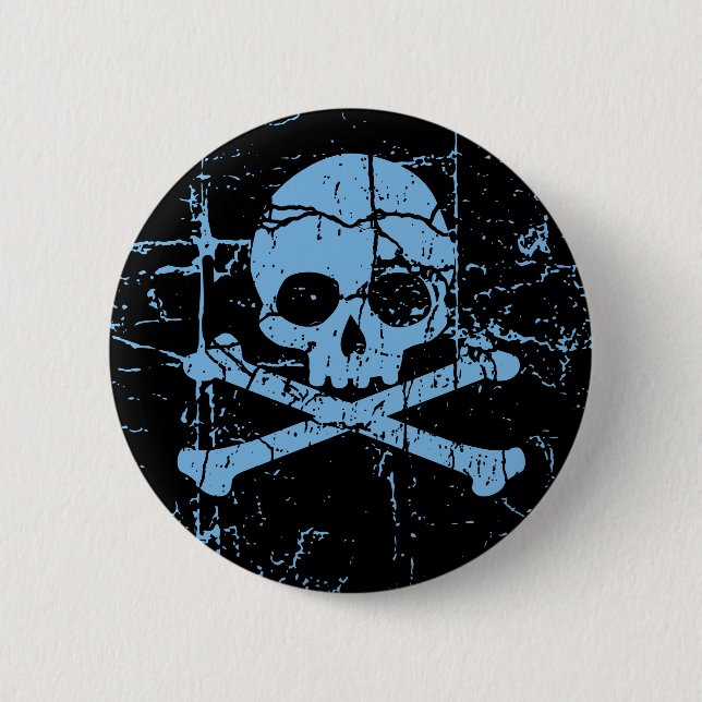 Worn Blue Skull and Crossbones 6 Cm Round Badge (Front)