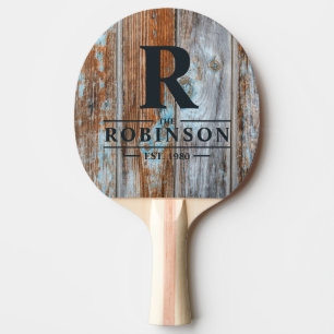 Worn Blue Wash Wood Family Name & Initial Ping Pong Paddle